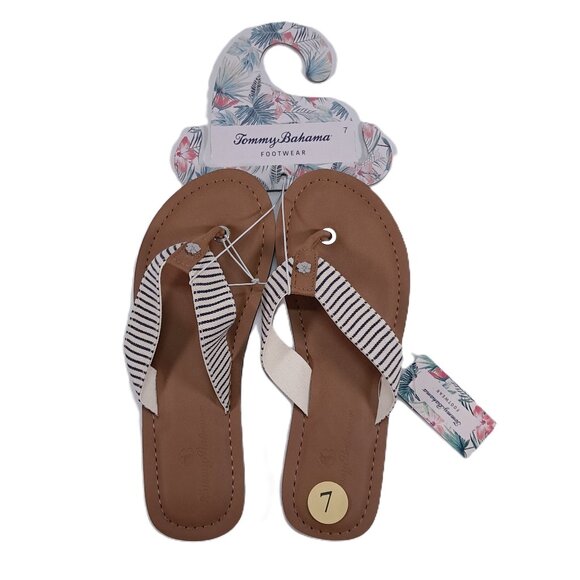 NWT Tommy Bahama Speedwell Sandals Women 7 Tan White with Blue Stripe Flip Flops - Picture 1 of 4
